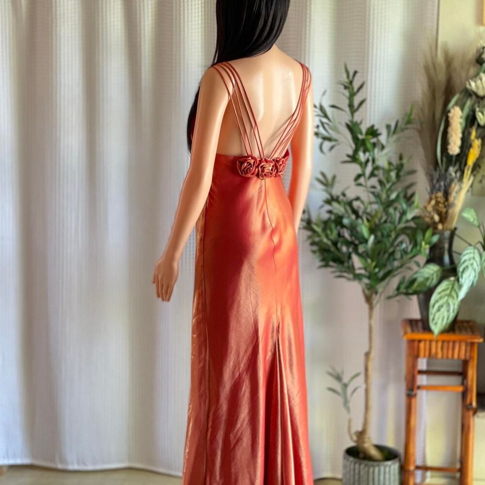 Vintage 90s Let's Fashion Iridescent Orange Rosette Gown Open Back‎ Dress Size L